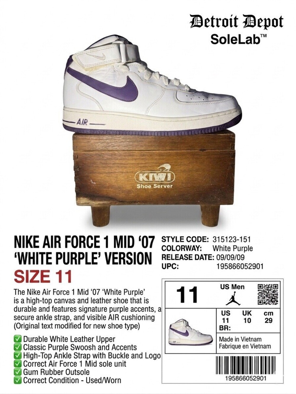 Nike Air Force 1 Mid 07 White Purple 315123-151 Men's Size 11 Used OG Box